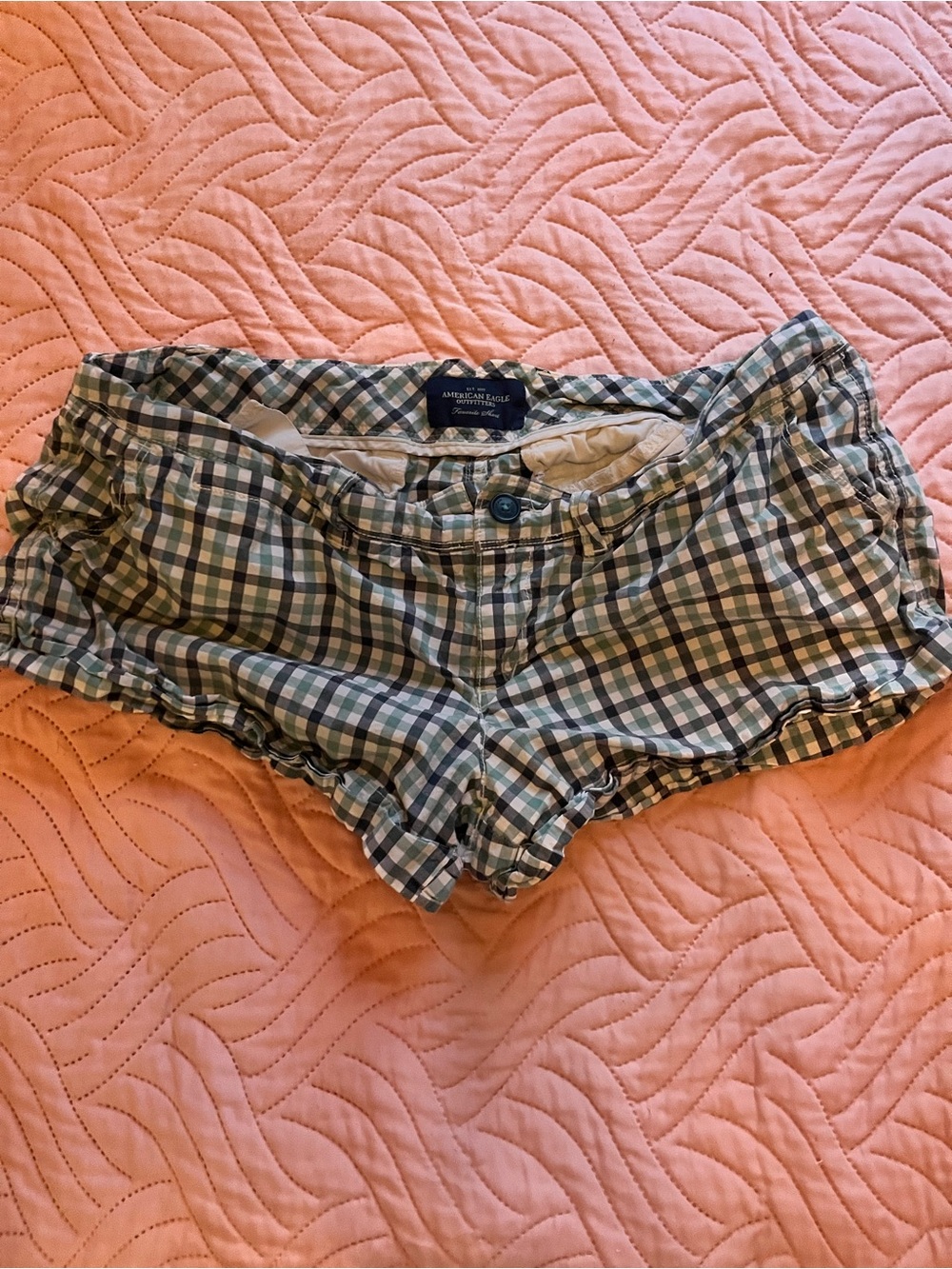 American Eagle Plaid Cotton Ruffle Hem Shorts in Green and Blue